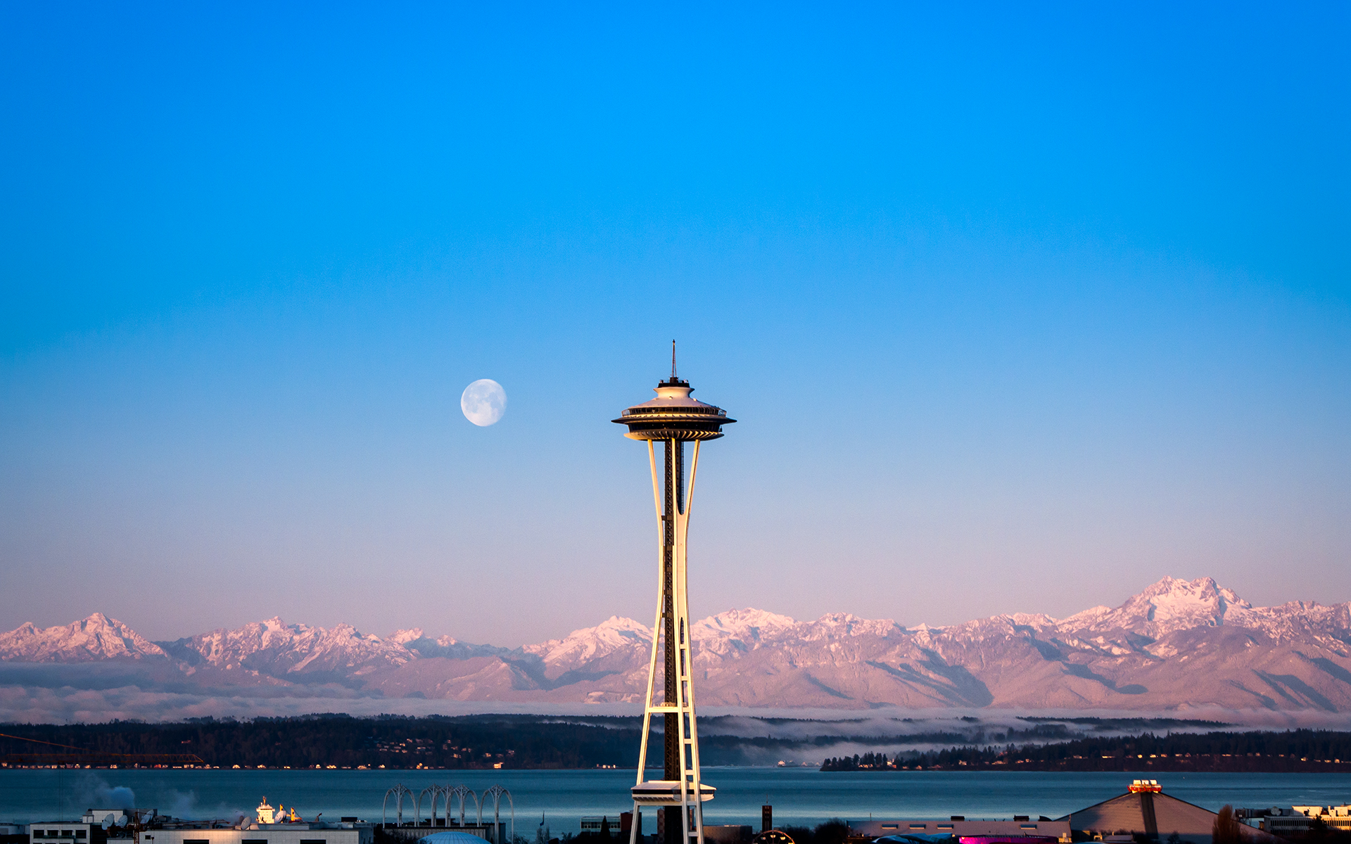 seattle washington space needle sky clouds mountains cities wallpaper