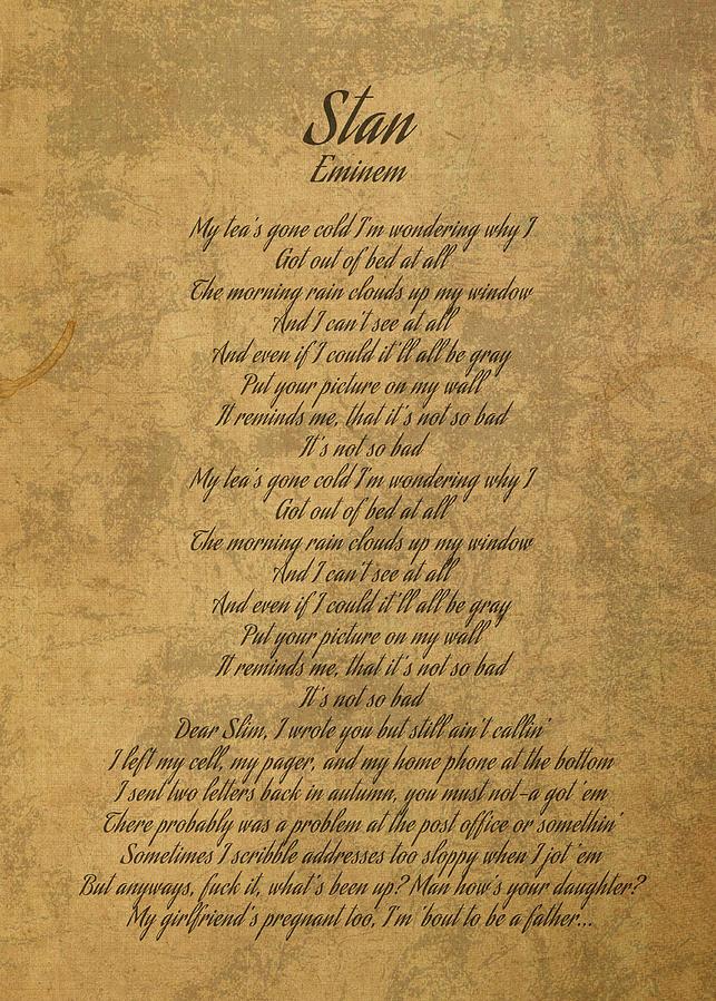 Stan By Eminem Vintage Song Lyrics On Parchment Mixed Media