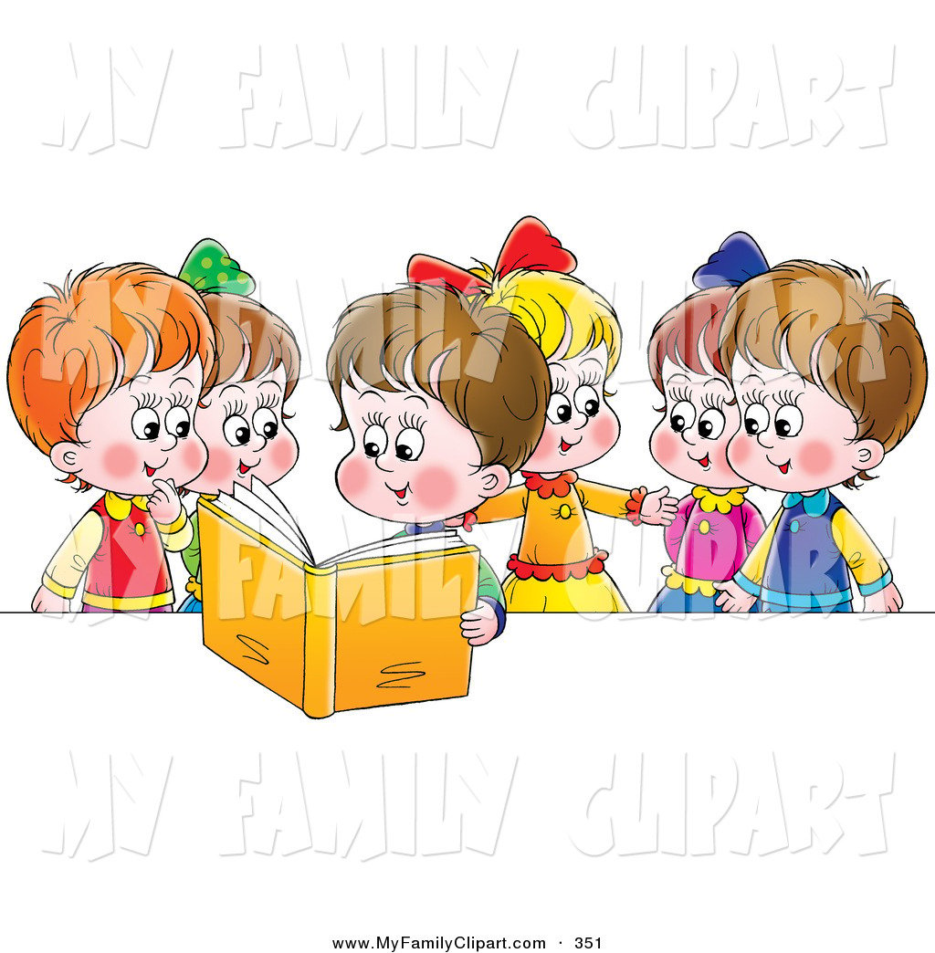 Clip Art of a Happy Girl Reading a Book out Loud to Her Friends on