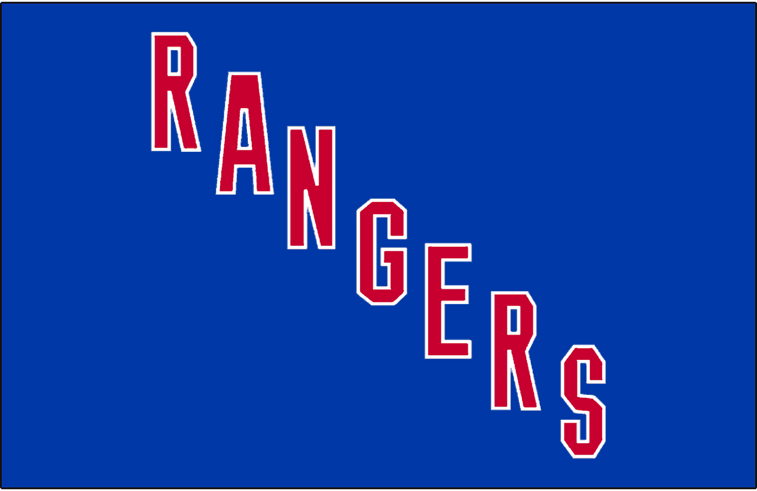 New York Rangers Diagonal Wordmark Logo on a Royal Blue Background