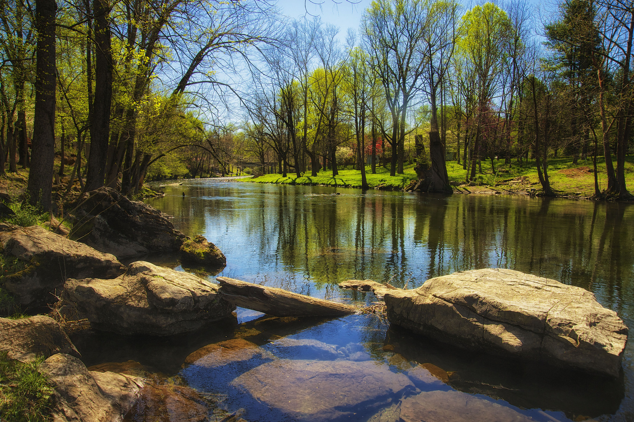 Wallpaper Spring Sky River Trees Rocks Grass Nature