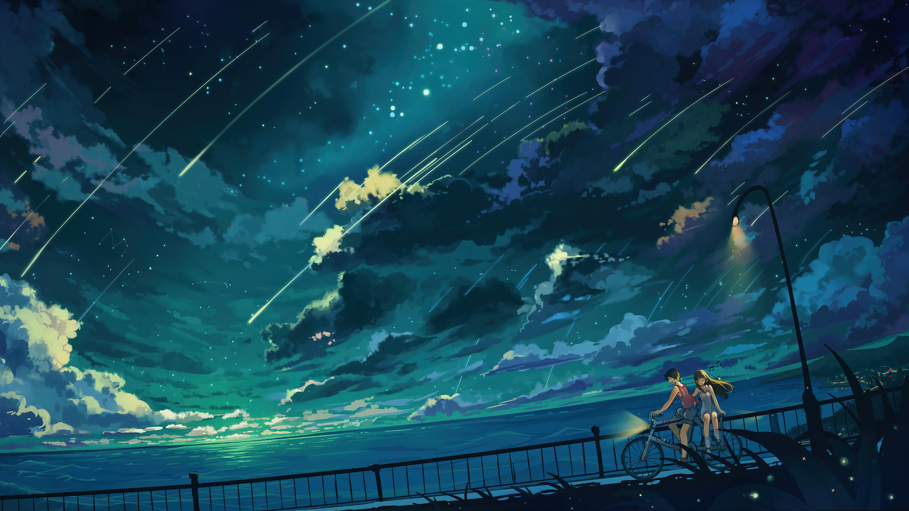 Anime Couple Biking Night Sky Scenery 4K Wallpaper
