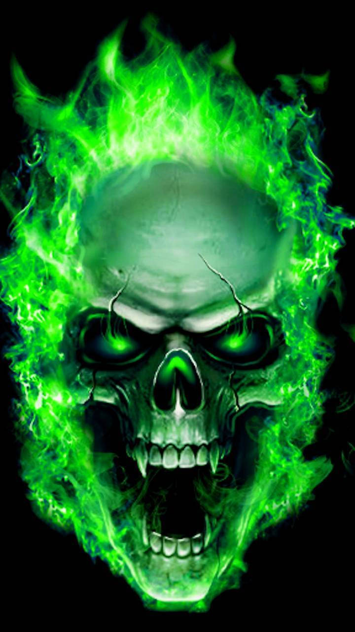 Skulls On Fire Green Wallpaper