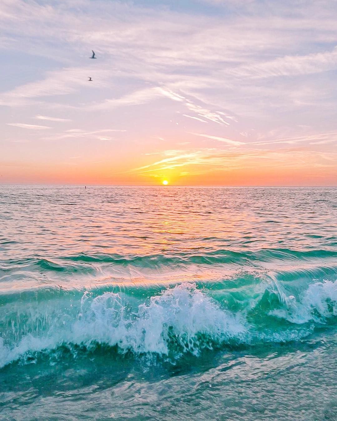 A breathtaking sunset over a tranquil ocean with gentle waves lapping at the shore. Two birds soar gracefully in the pastel-colored sky, creating a serene and idyllic summer scene