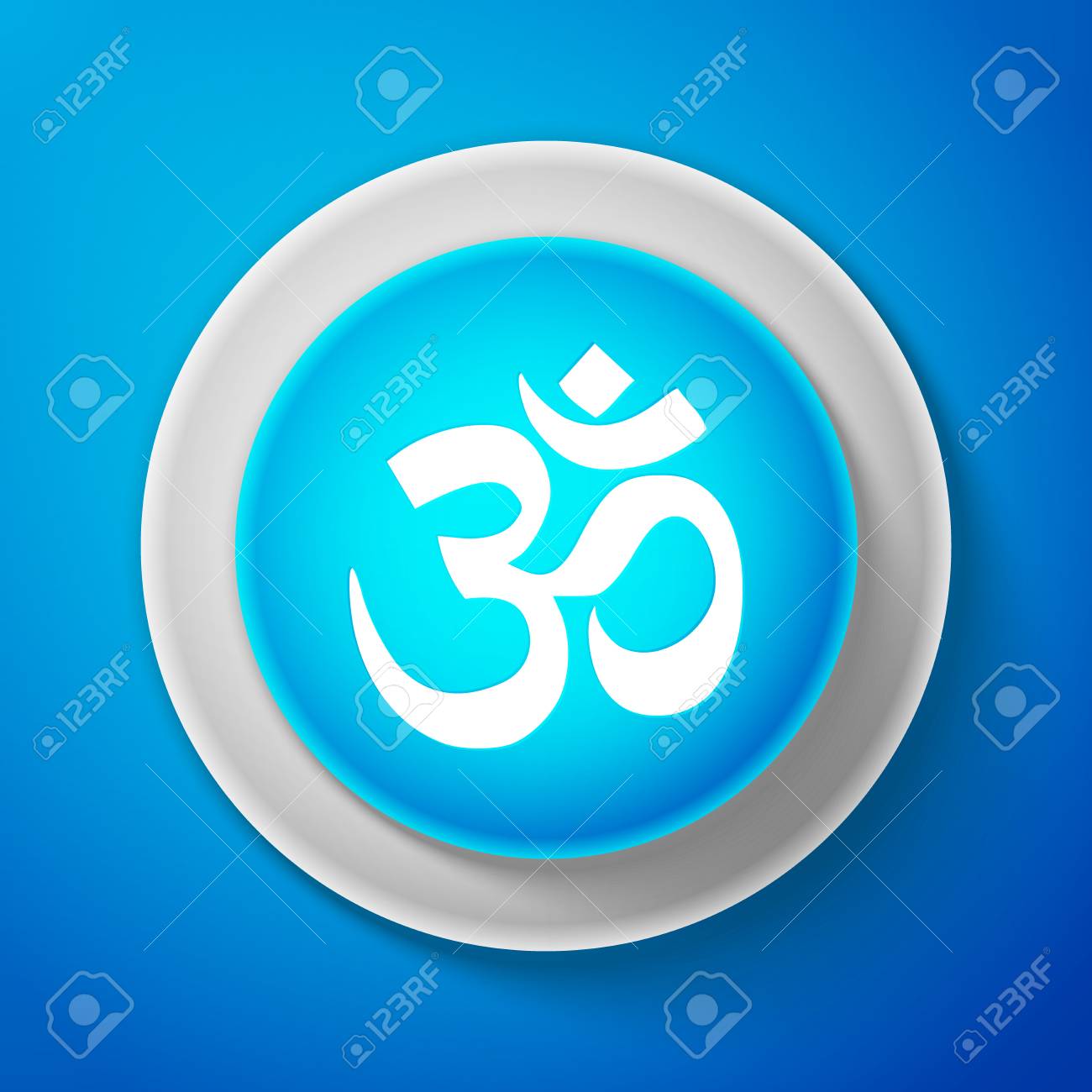 White Om Or Aum Indian Sacred Sound Icon Isolated On Blue