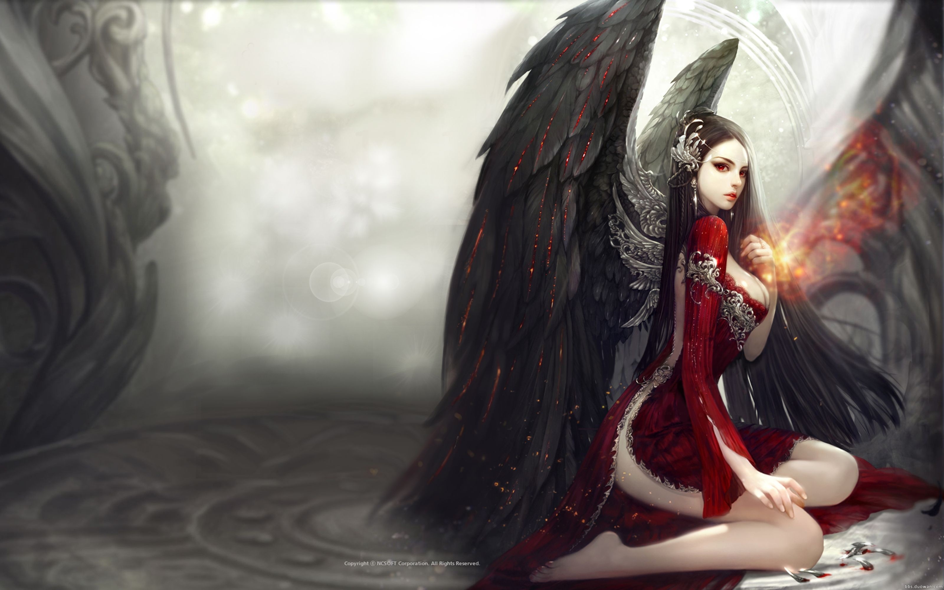 Wallpaper Aion Online Fallen Angel Dark Wings Red Dress Eyes