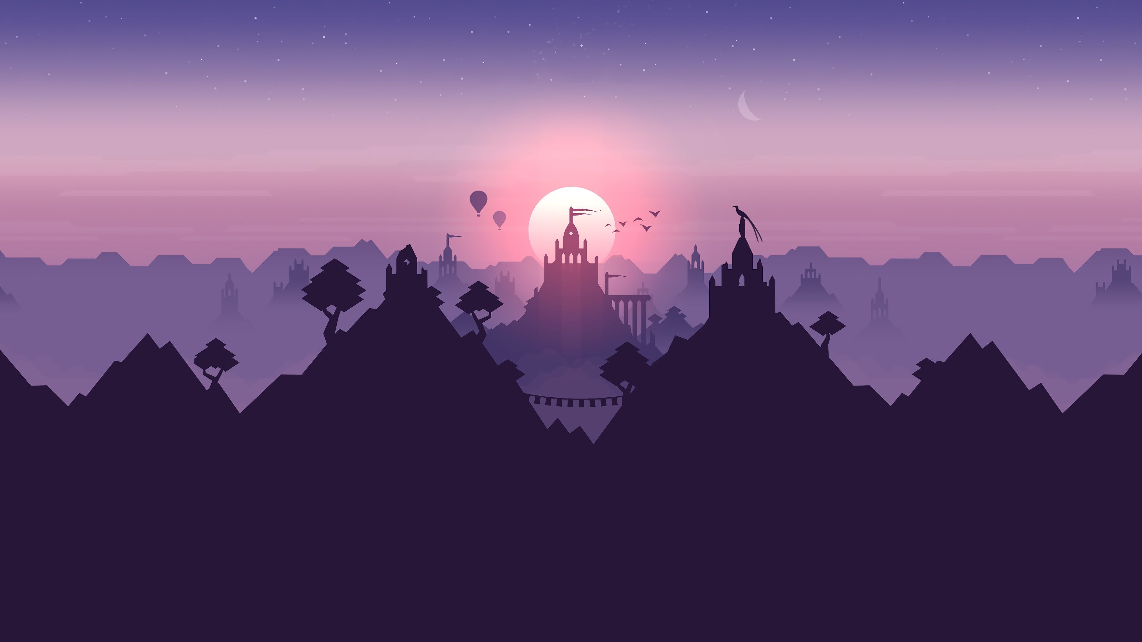Minimalist 4k wallpaper of a serene mountain landscape at sunset with castles and hot air balloons, in shades of purple and pink