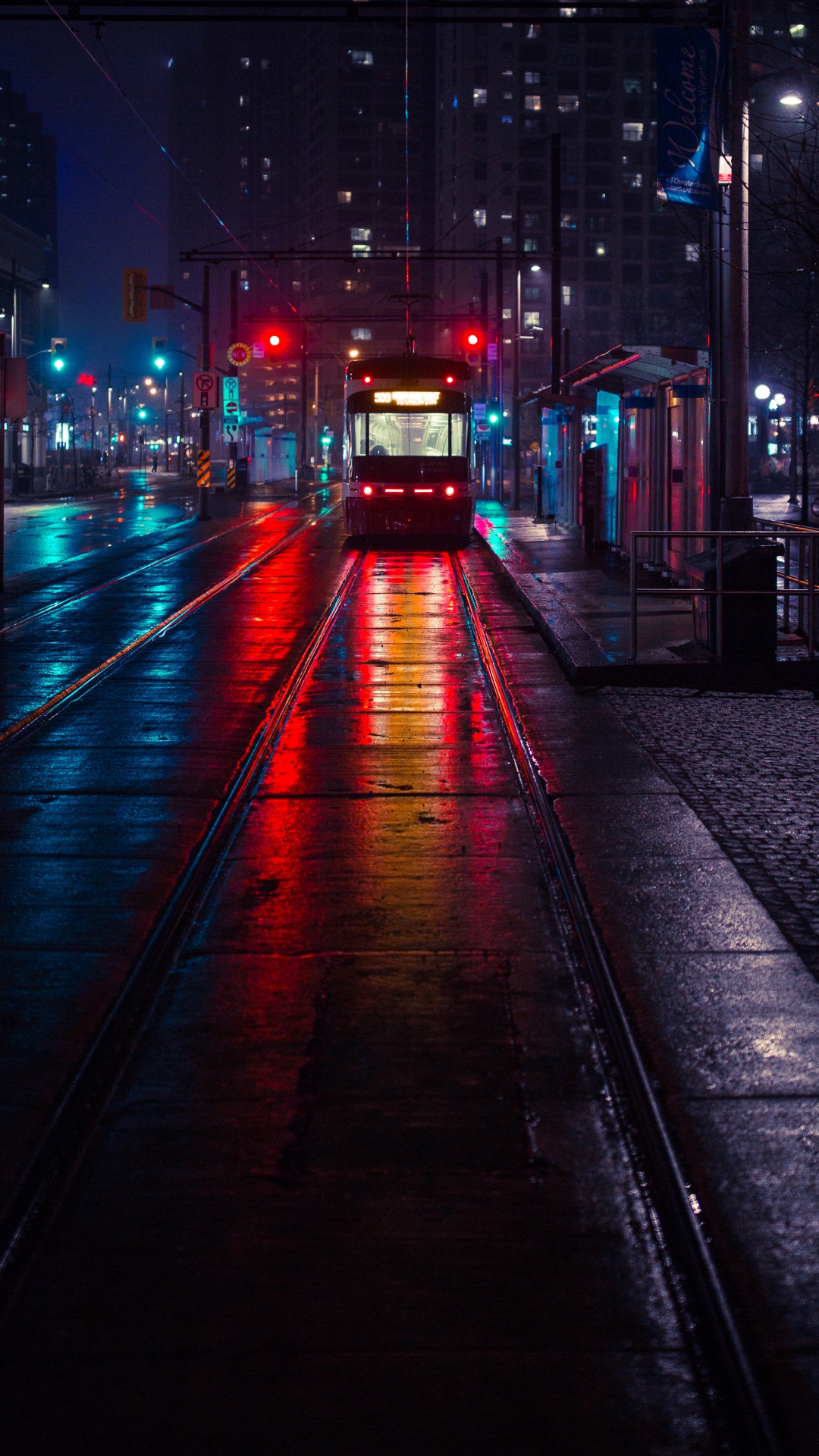 Trolley Stop City Evening Lighting iPhone Wallpaper