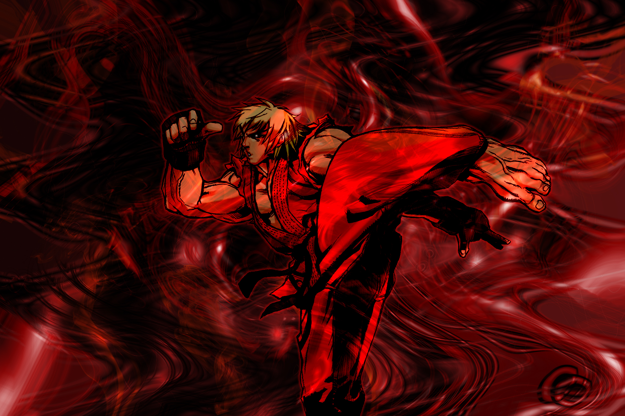 Ken Masters from Street Fighter executing a powerful kick in a dynamic, red-hued illustration