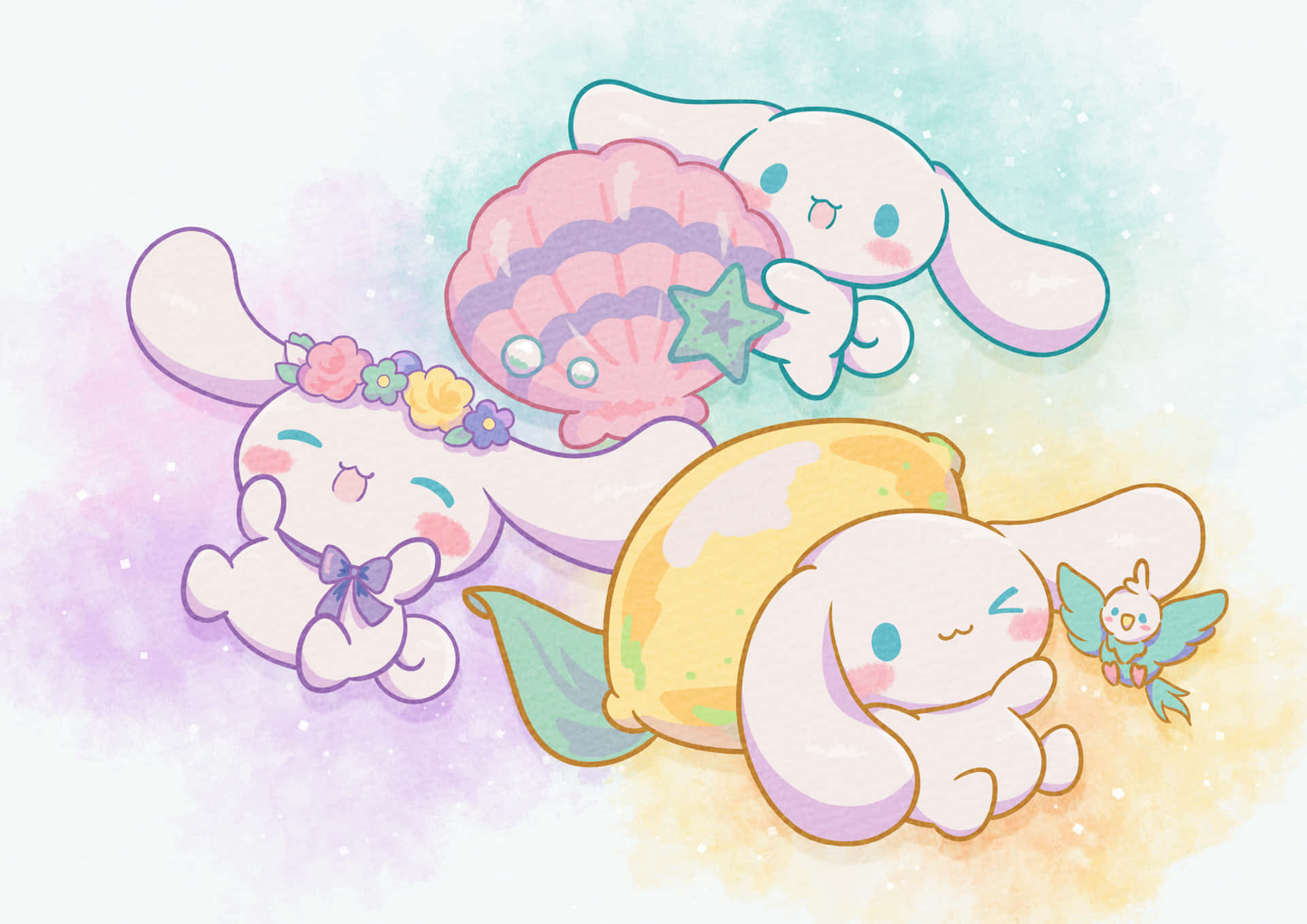 Three adorable Sanrio bunnies, possibly Cinnamoroll or Milk, enjoy a pastel-colored summer scene. One wears a flower crown, another holds a seashell and starfish, and the third relaxes with a lemon and a small bird