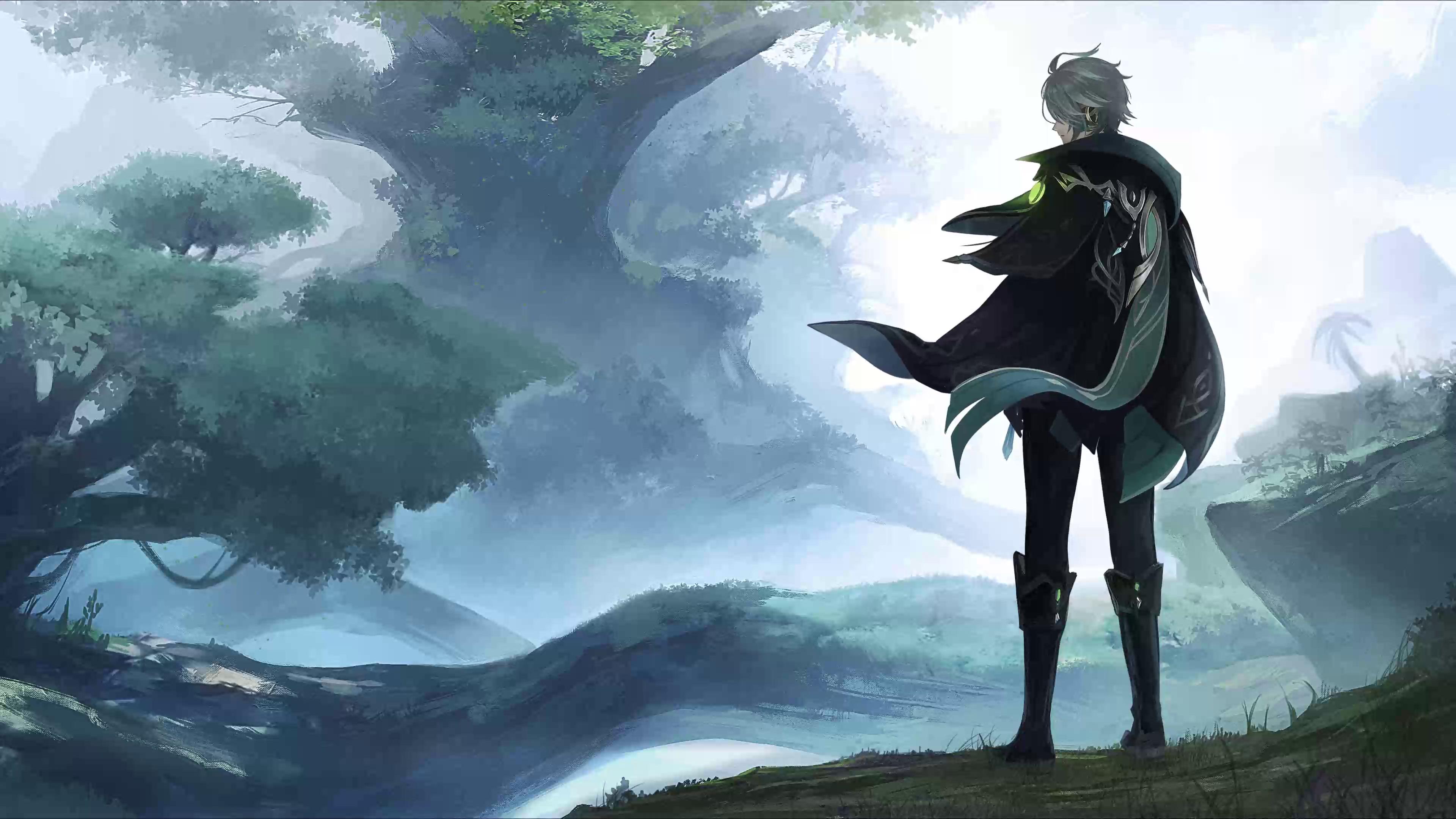 An anime-style character with silver hair and a dark cloak with teal accents stands on a grassy hill, gazing at a misty landscape with fantastical trees