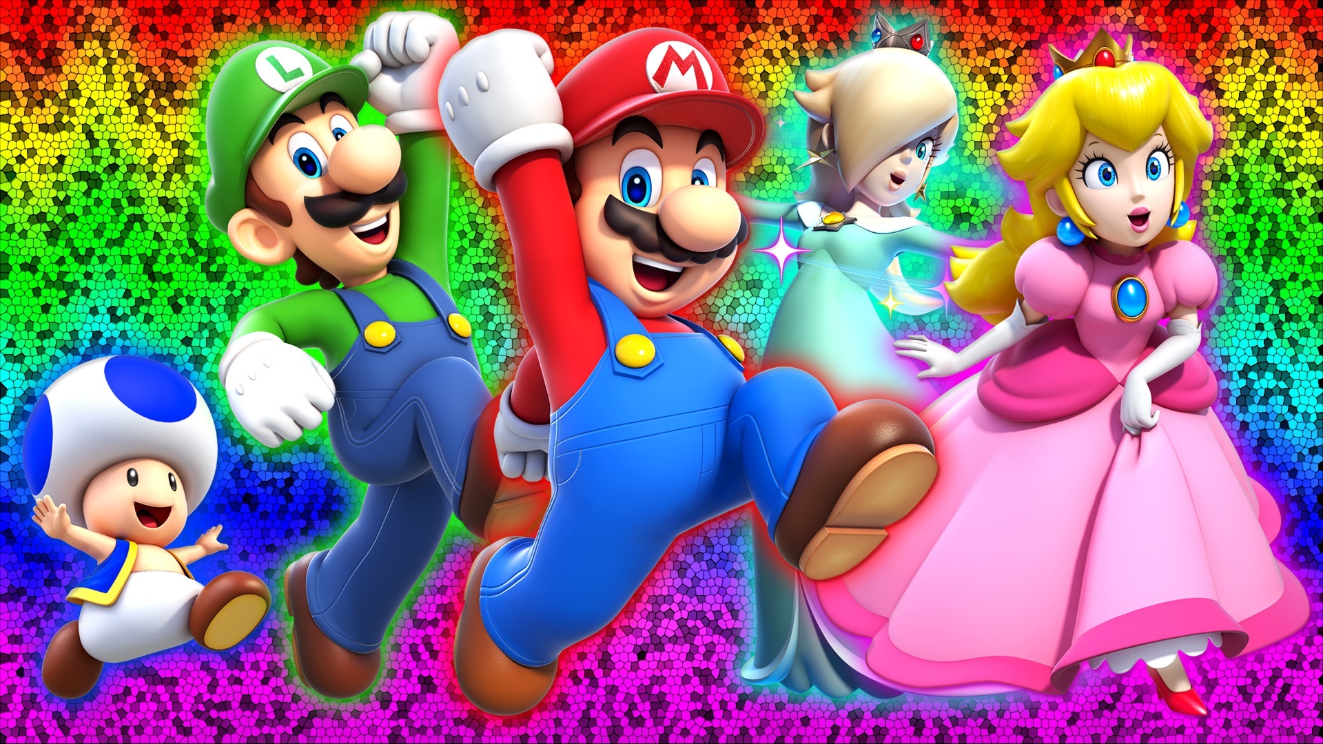 Super Mario and Friends on a Rainbow Background