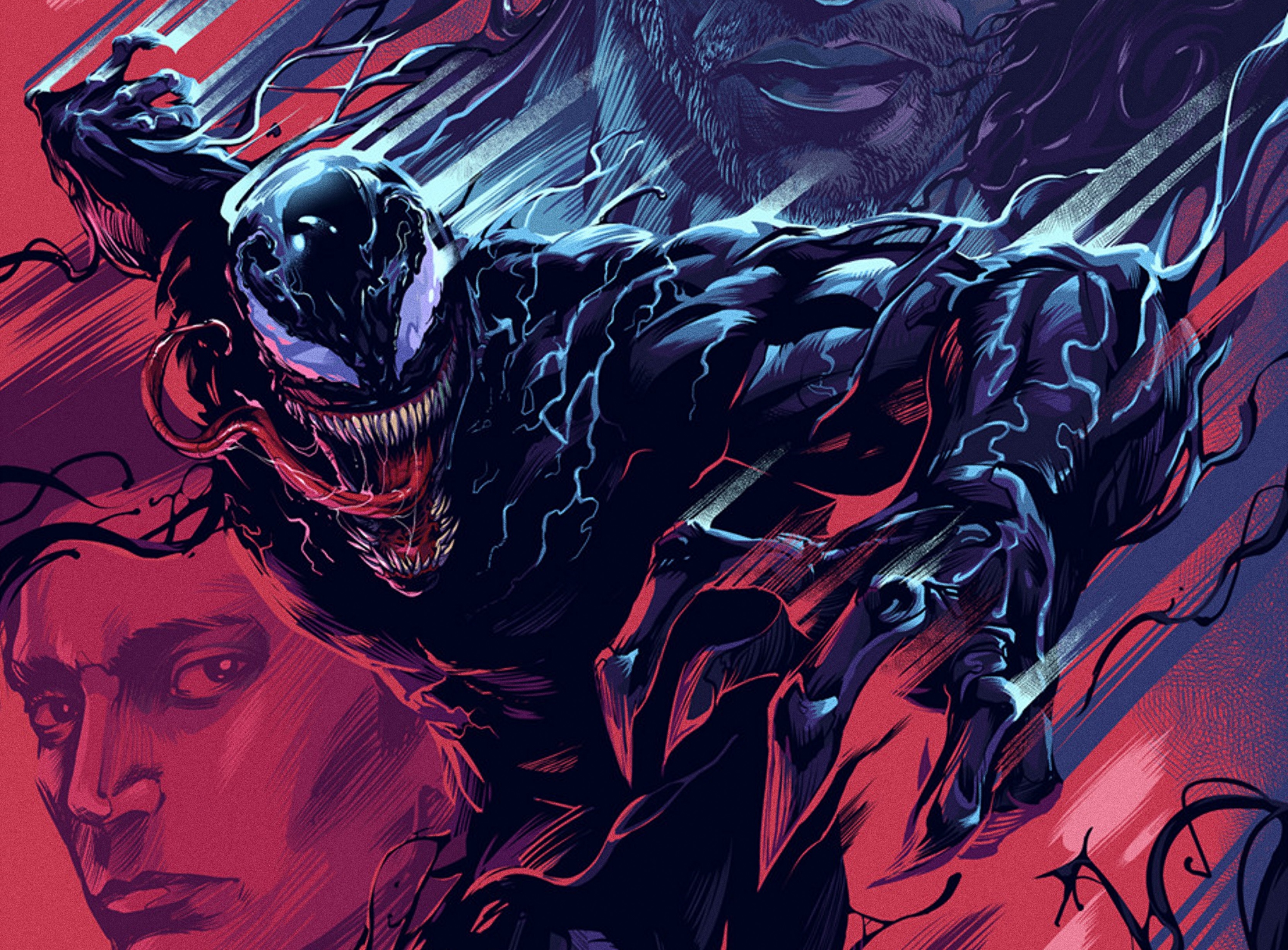 Venom, the menacing symbiote, lunges forward with sharp teeth and claws in this dynamic illustration