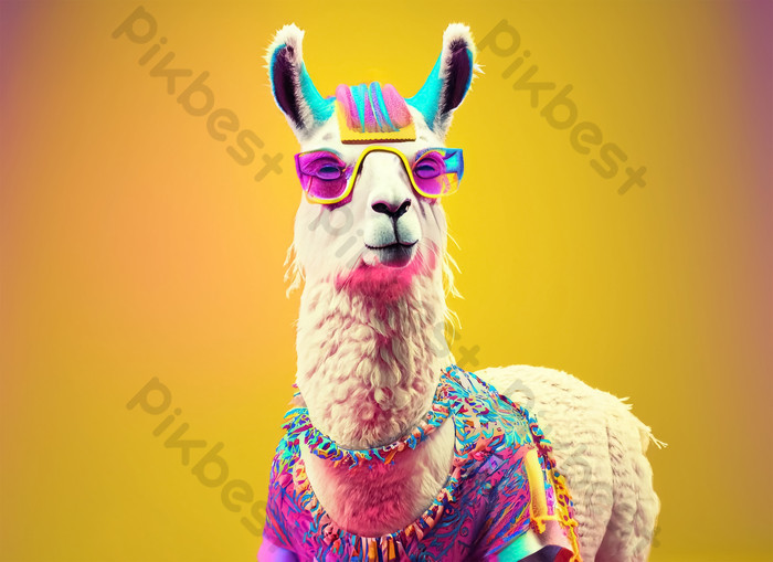 Lama Dressed In Hippy Clothes On Yellow Background Generative Ai Wallpaper