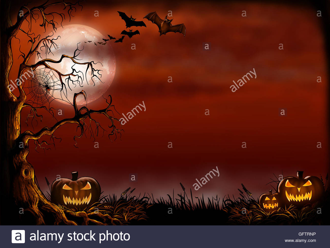 Halloween Background With A Creepy Tree Bats And Evil Pumpkins
