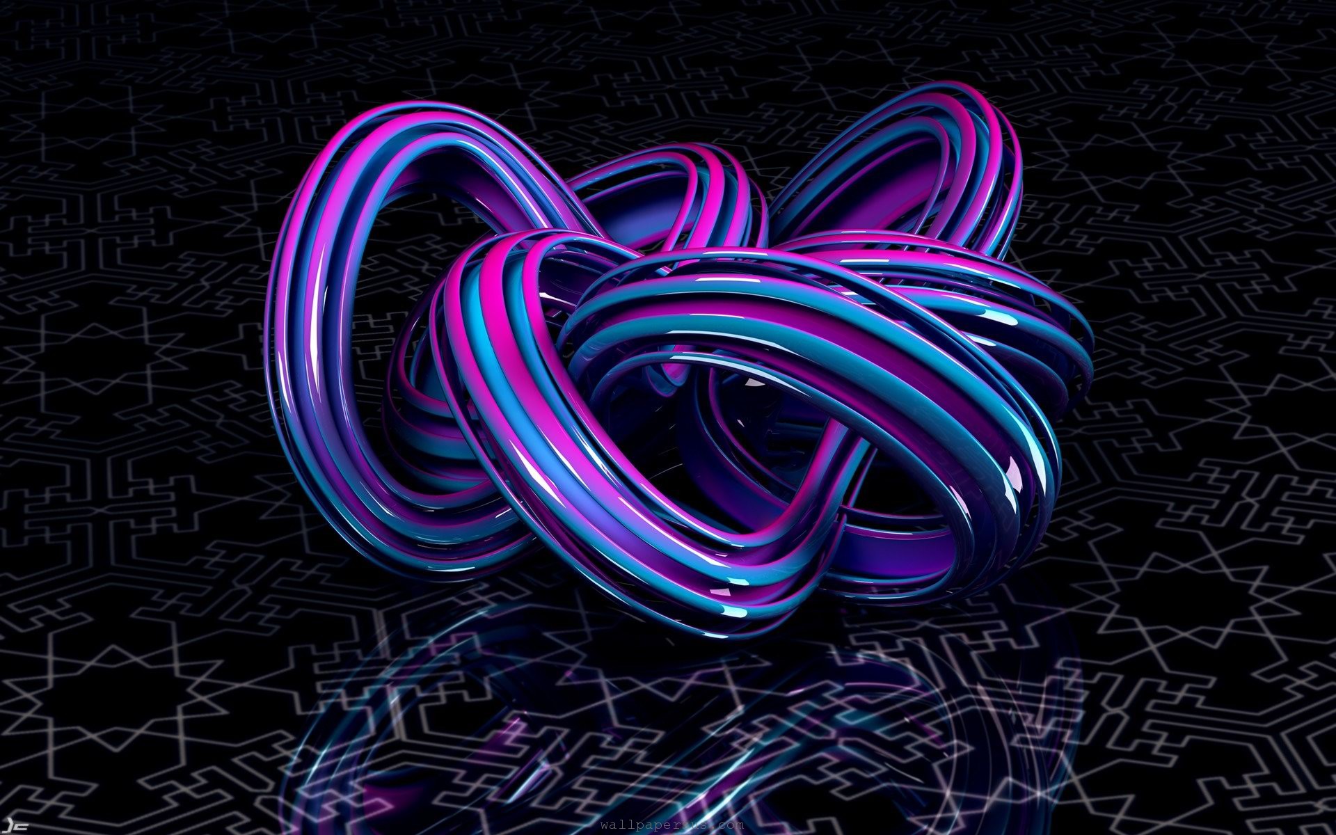 A 3D render of intertwined, glossy loops in vibrant purple and blue, set against a dark background with a subtle geometric pattern. The loops create an abstract, visually captivating design