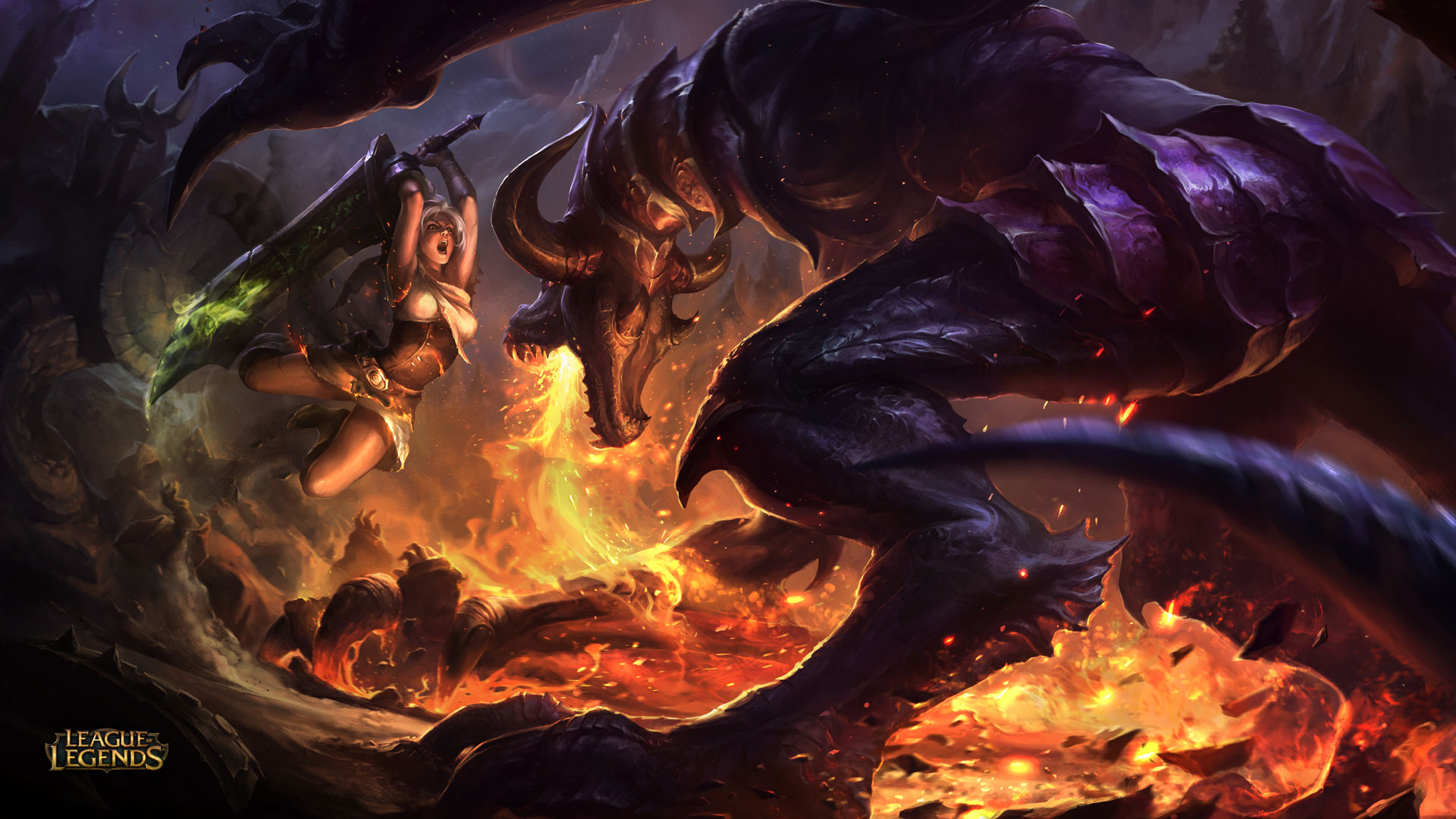 Riven Vs Shyvana Dragon Form League Of Legends Fighting HD Wallpaper