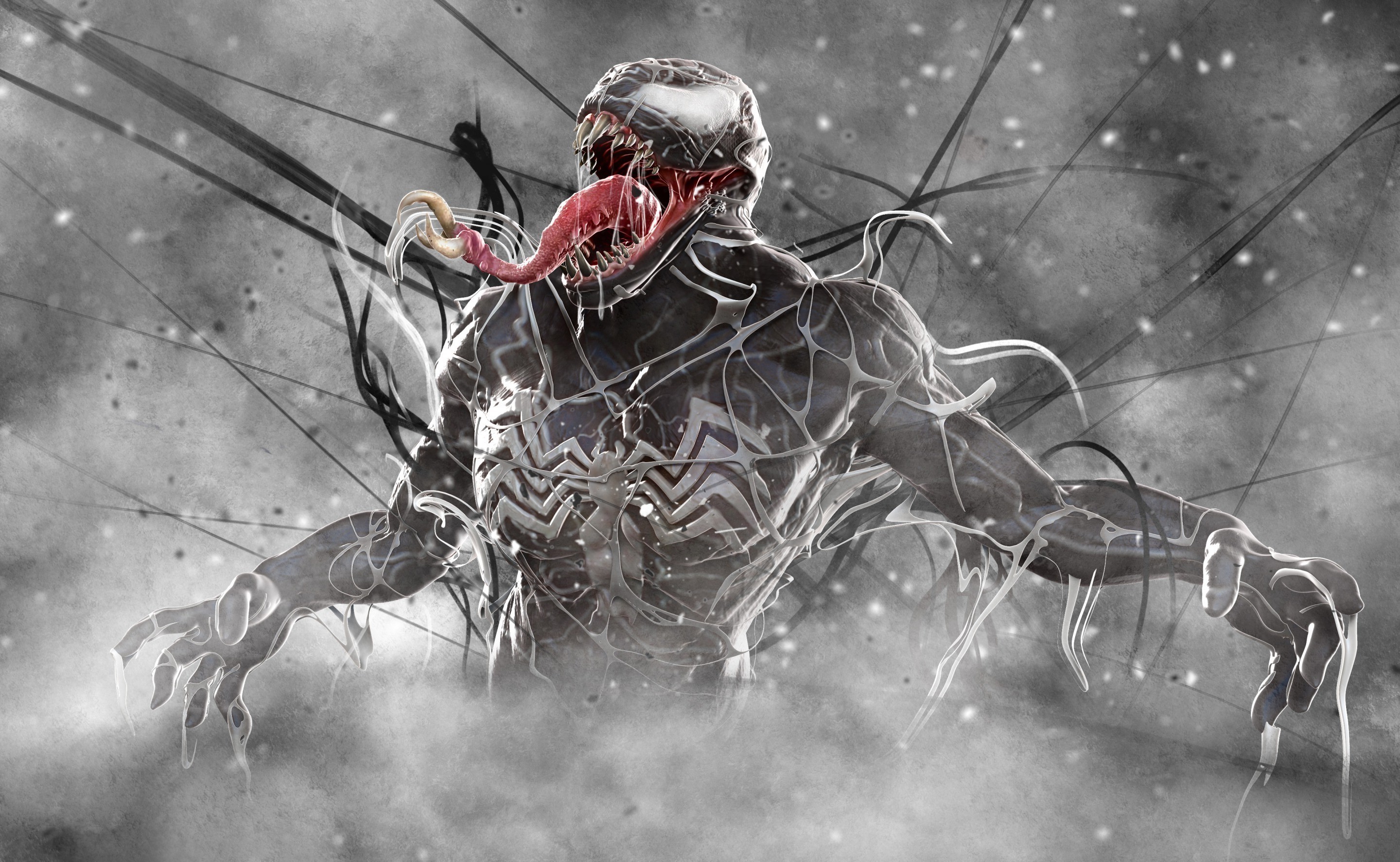 A dramatic close-up of Venom, the Marvel Comics anti-hero, against a dark, abstract backdrop. His sharp teeth and extended tongue are prominent, highlighting his menacing nature. The symbiote suit is rendered with intricate detail, showcasing its textured and fluid form