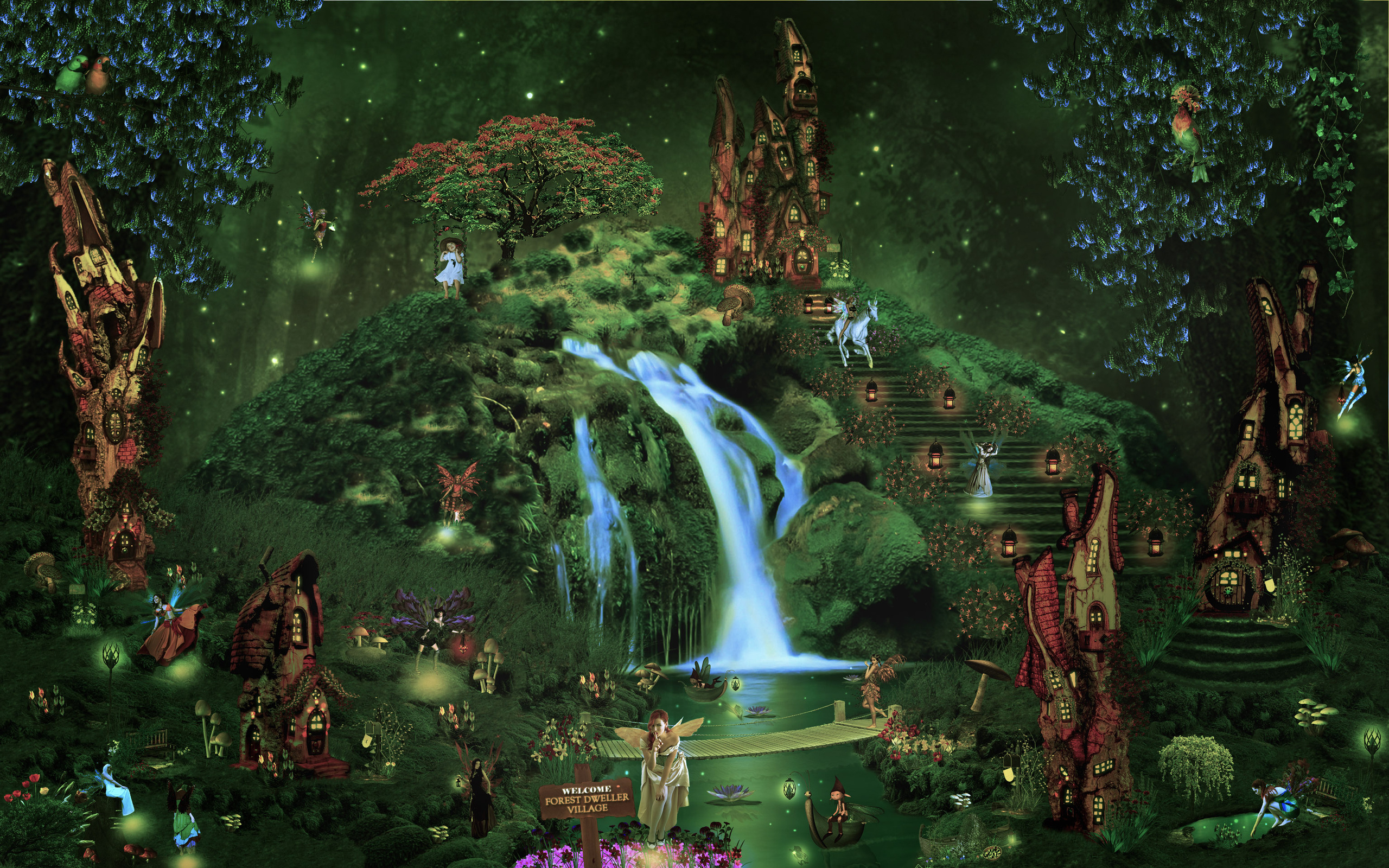 Castle City Forest Waterfall Fairy Elf Magical Wallpaper Background