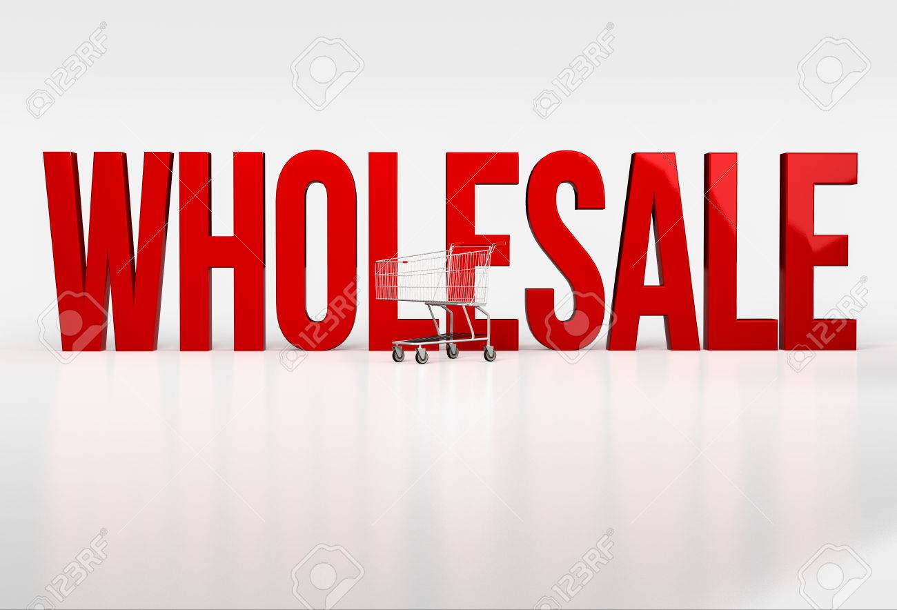 Big Red Word Wholesale On White Background Next To Shopping Cart