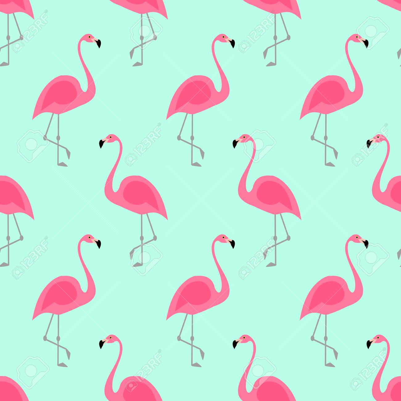 Flamingo Seamless Pattern On Mint Green Background Pink