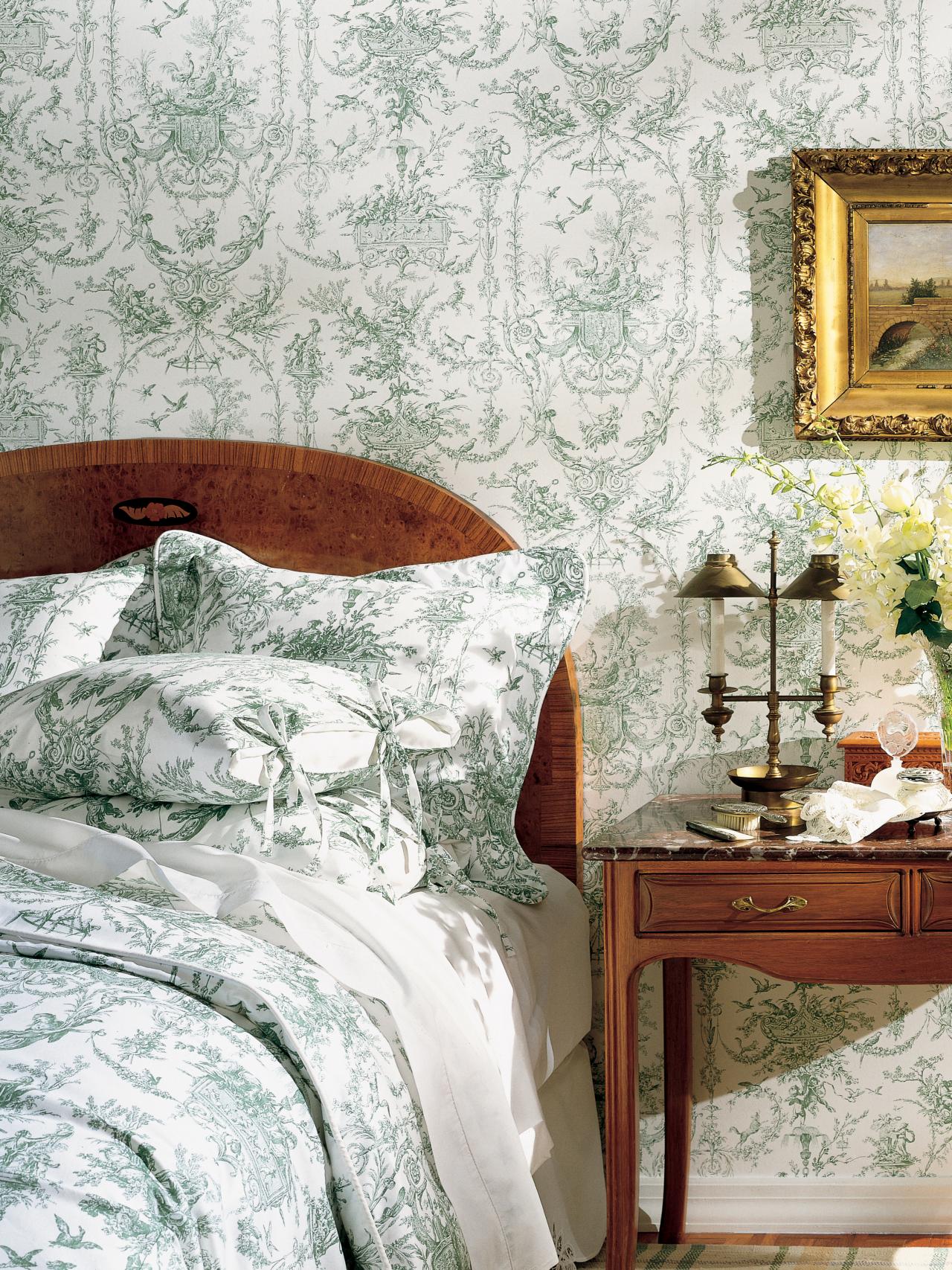 Country Bedroom With Green And White Toile Wallpaper