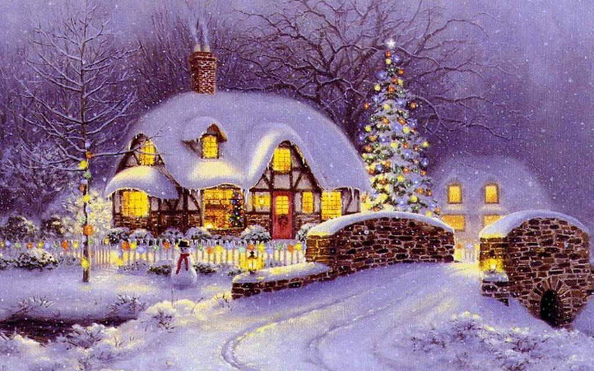 A cozy cottage adorned with Christmas lights and a snow-covered Christmas tree, creating a warm and festive holiday scene