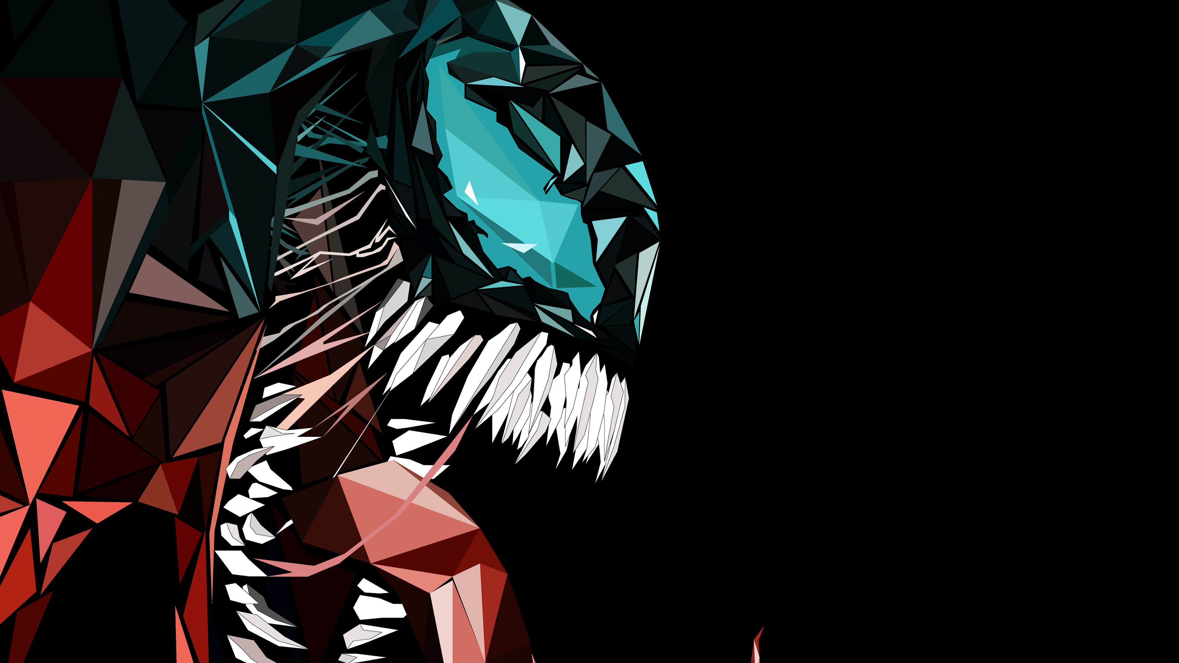 Low Poly Art of Venom's Head with Sharp Teeth and Glowing Eyes