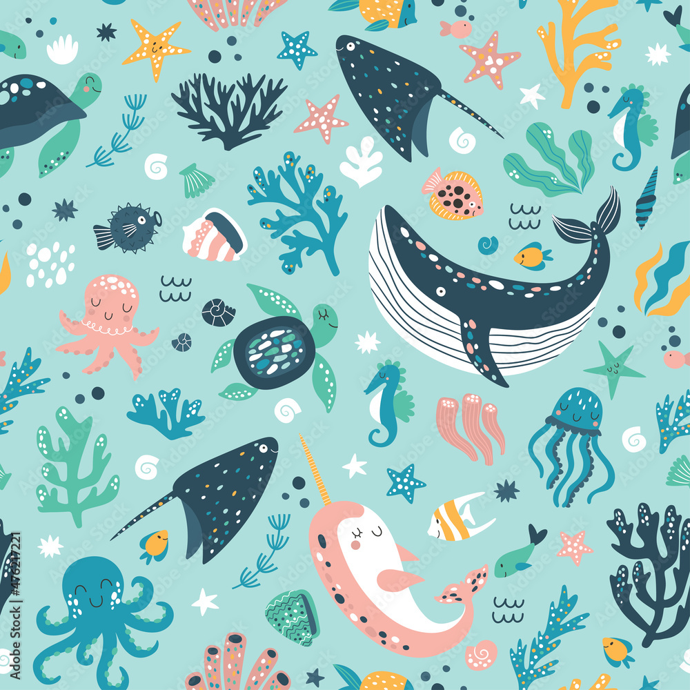 Sea Life Cute Vector Pattern Illustration For Kids Design