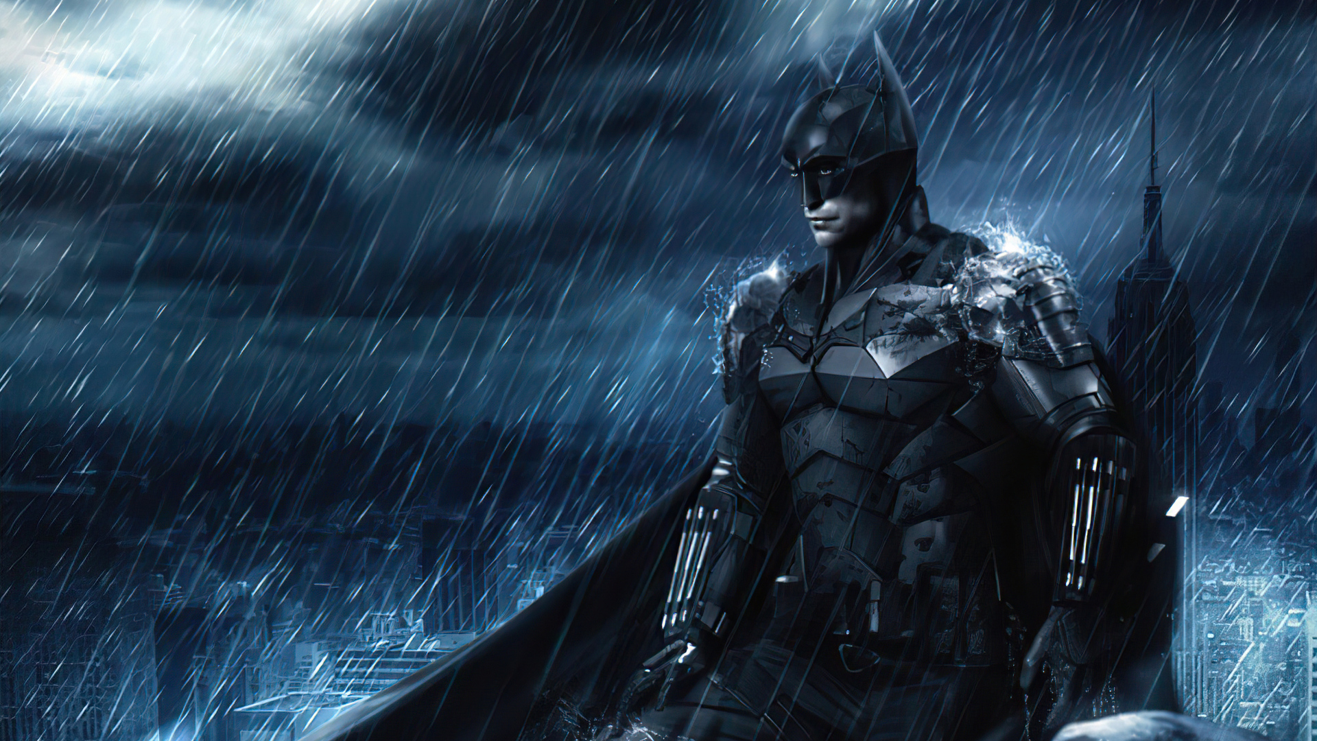Batman standing in the rain overlooking Gotham City in a high-definition wallpaper