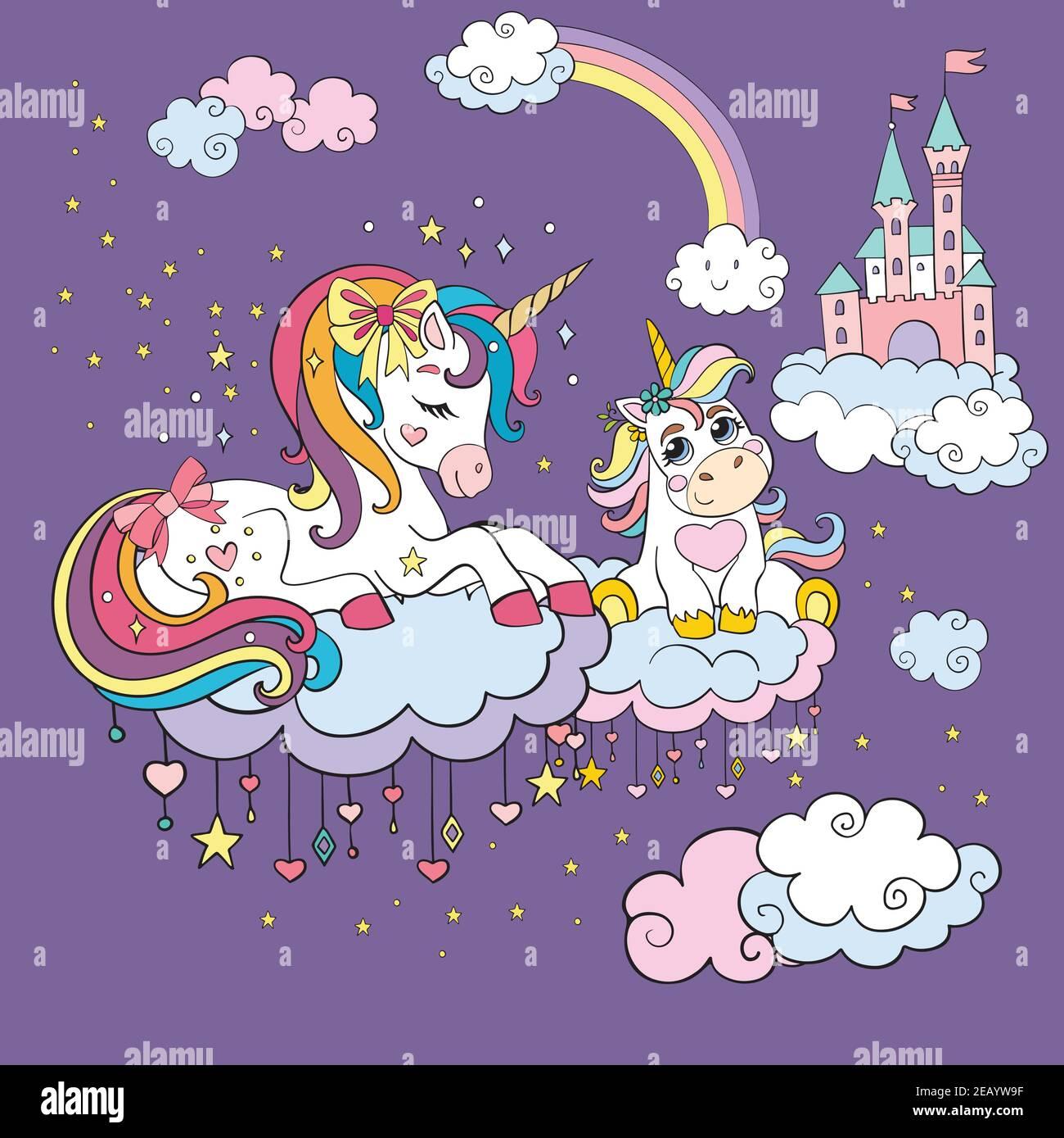 Cute Mommy And Baby Unicorns Dreaming In Twilight Cloudy Sky