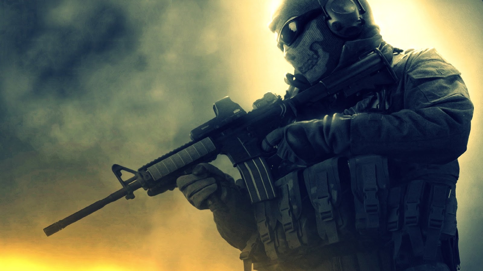 A soldier, resembling Ghost from Call of Duty, aims his rifle in a dramatic, smoky scene, ideal for military wallpaper