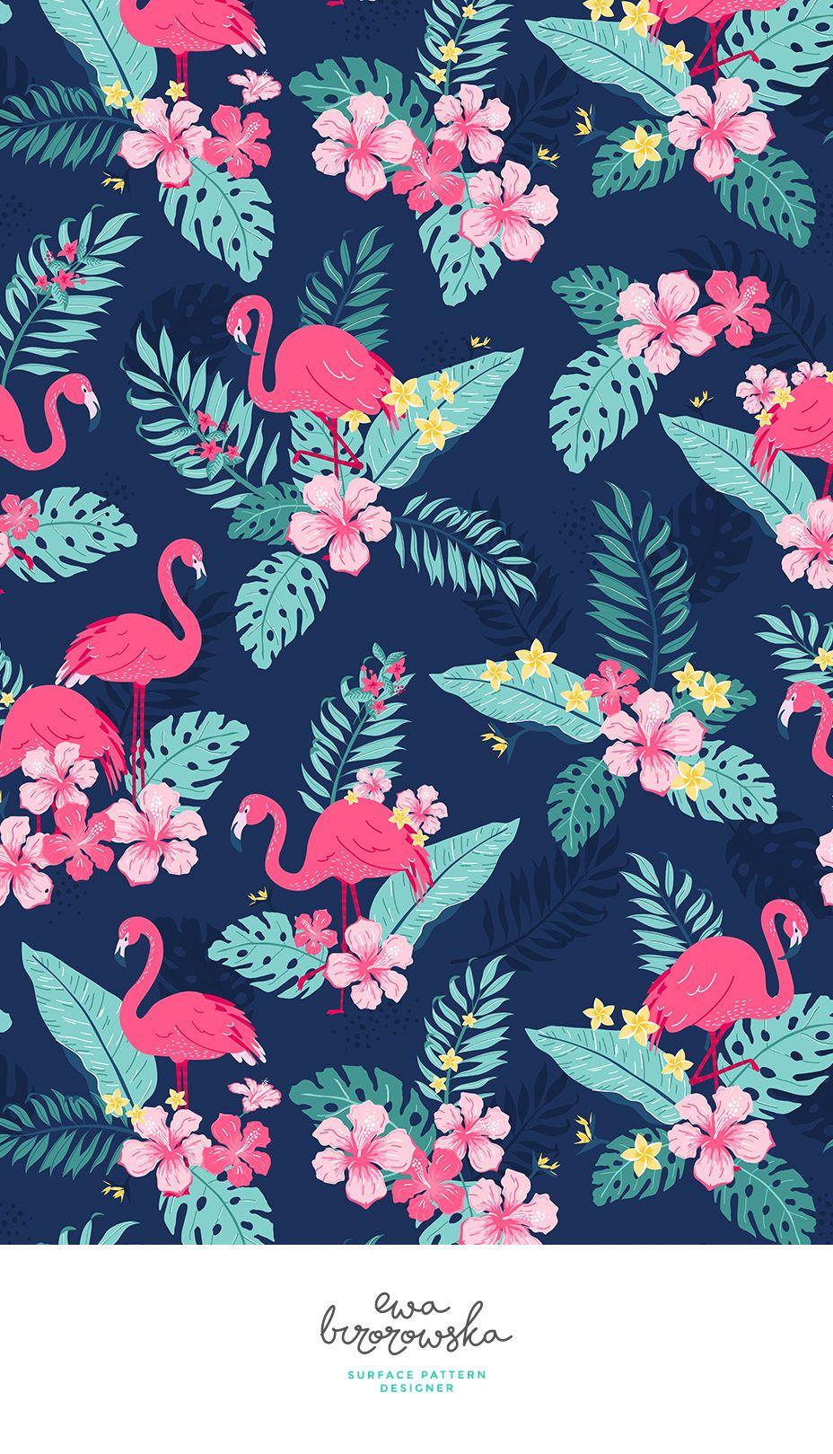 Tropical Flamingos Navy Fabric Pattern Wallpaper Flamingo