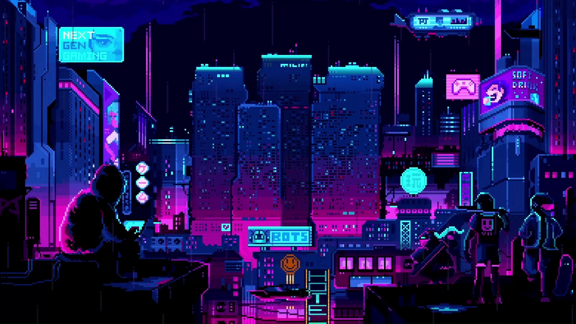 A vibrant 4k pixel art cityscape at night, illuminated by neon signs and advertisements, with figures overlooking the scene