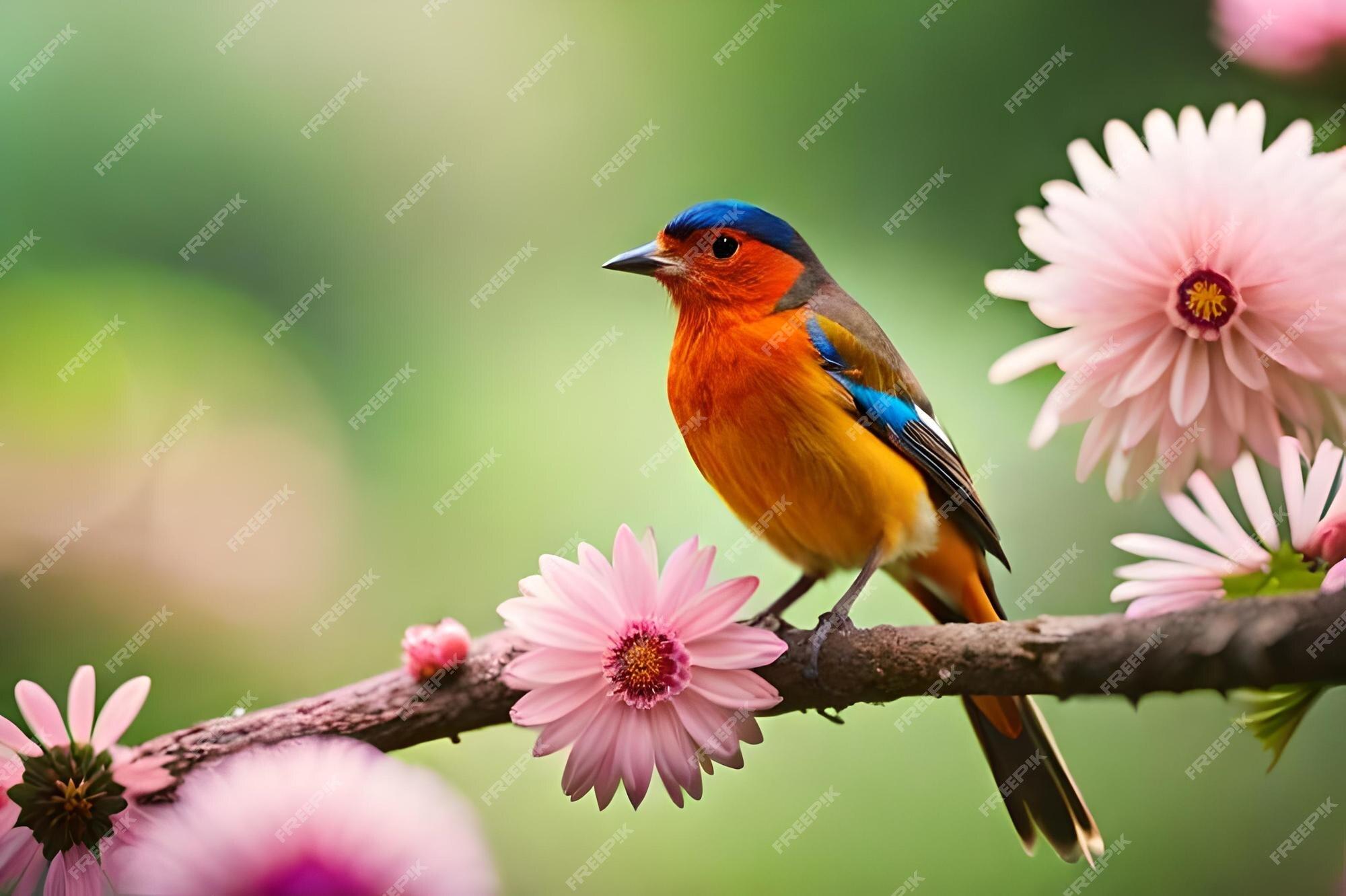 Premium Photo A Colorful Bird With Blue Eyes And Pink Flower