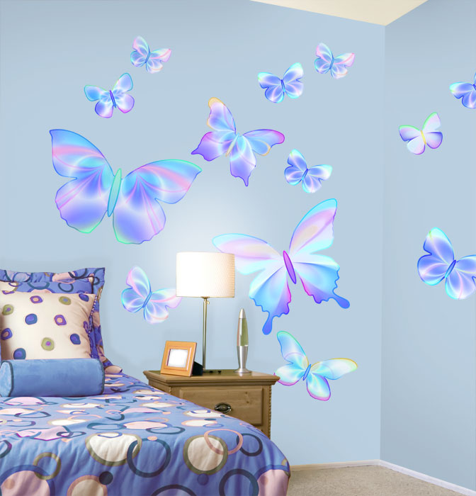 Fluttering Butterfly Peel and Stick Wall Mural in Summertime Blue 672x700