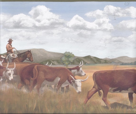 Green Cowboy Cow Herd Wallpaper Border Country Folk
