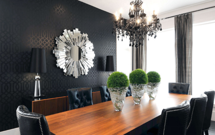 dining room with kelly wearstler imperial trellis wallpaper in onyx