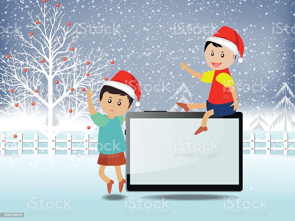 Merry Christmas With Happy Kids And Tablet Stock Illustration