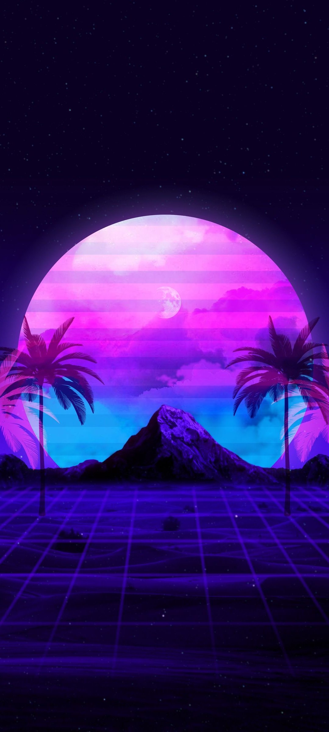 A vibrant, retro-inspired phone wallpaper featuring a large, pink and purple moon, silhouetted palm trees, and a dark mountain against a backdrop of a starry night sky. A glowing grid pattern overlays the lower portion of the image, adding to the 80s synthwave aesthetic