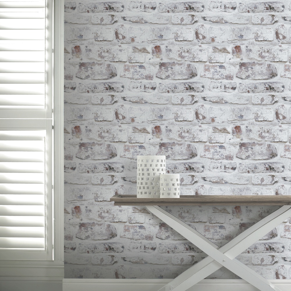 Painted Brick Pattern White Washed Realistic Mural Wallpaper