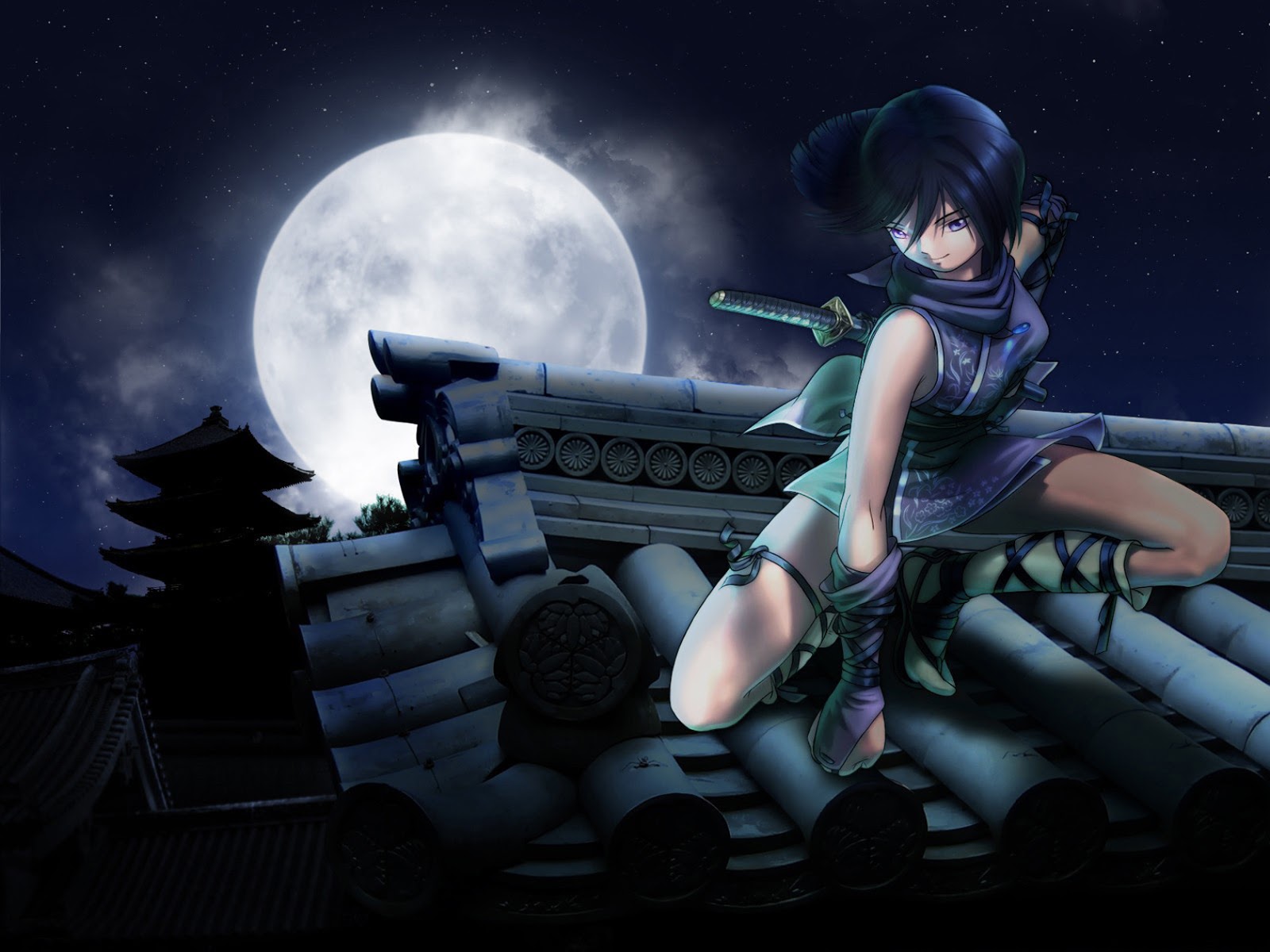 Ninja Girl Anime Full Moon Katana HD Wallpaper Desktop Pc Background