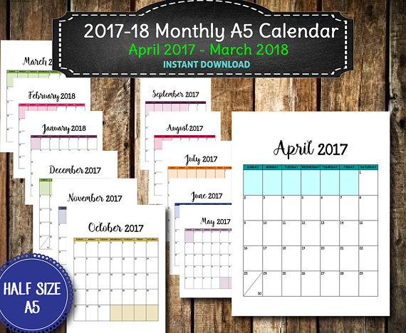 2017 2018 A5 Monthly Calendar PRINTABLE April 2017 March 570x468