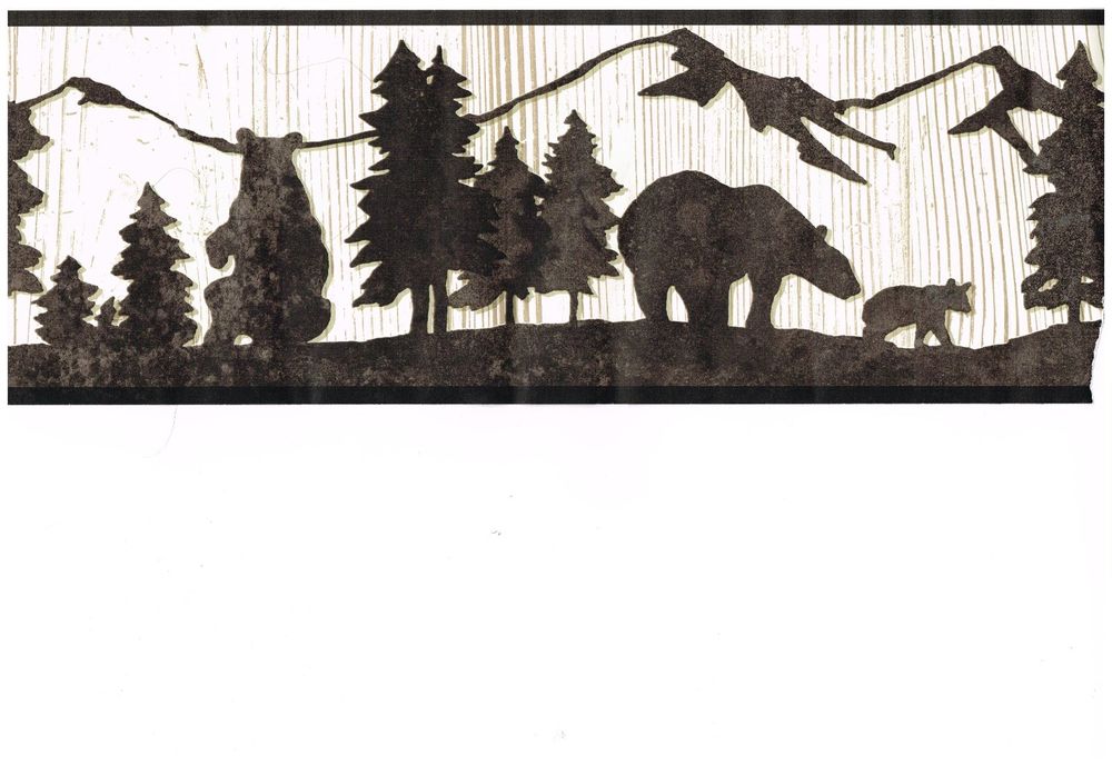 Black Bear Cub And Trees Silhouettes On White Woodgrain Wallpaper