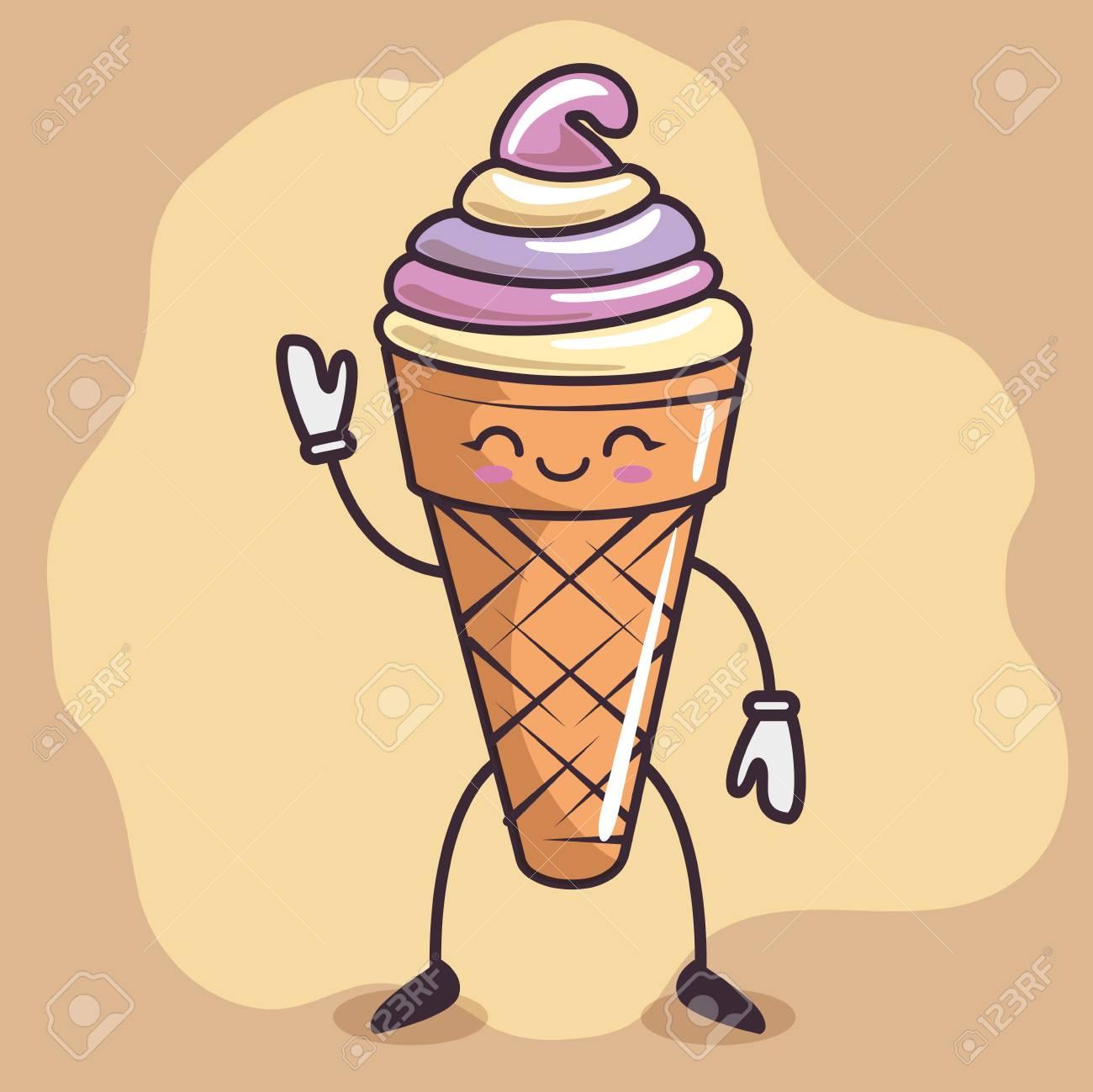 Kawaii Ice Cream Over Beige And Light Brown Background Vector