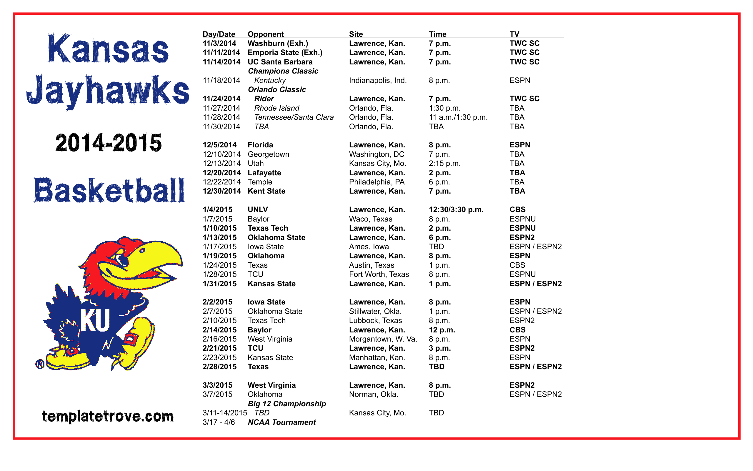 Kansas University Basketball Schedule Examples and Forms