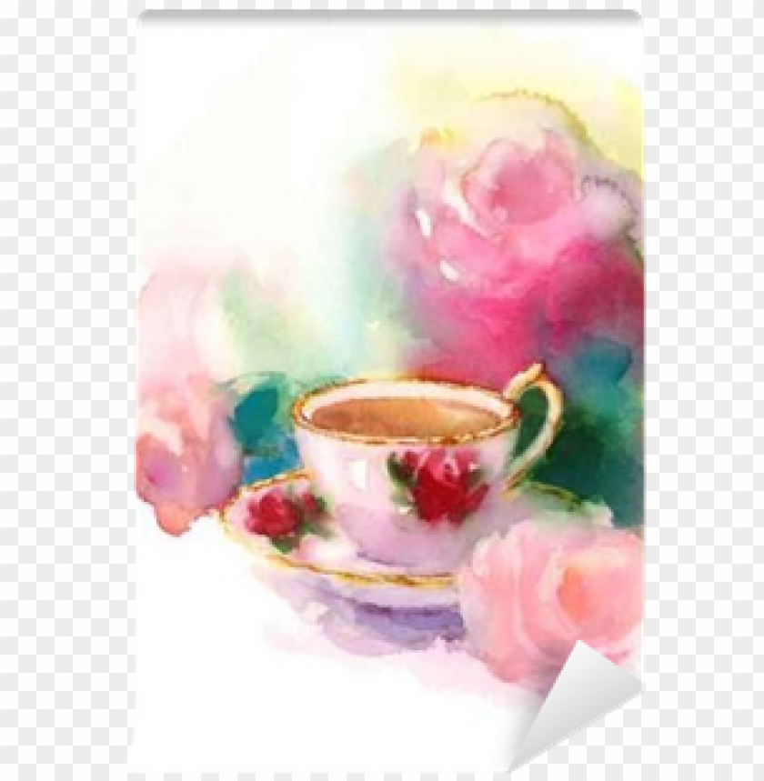 Watercolor Vintage Porcelain Teacup And Garden Roses