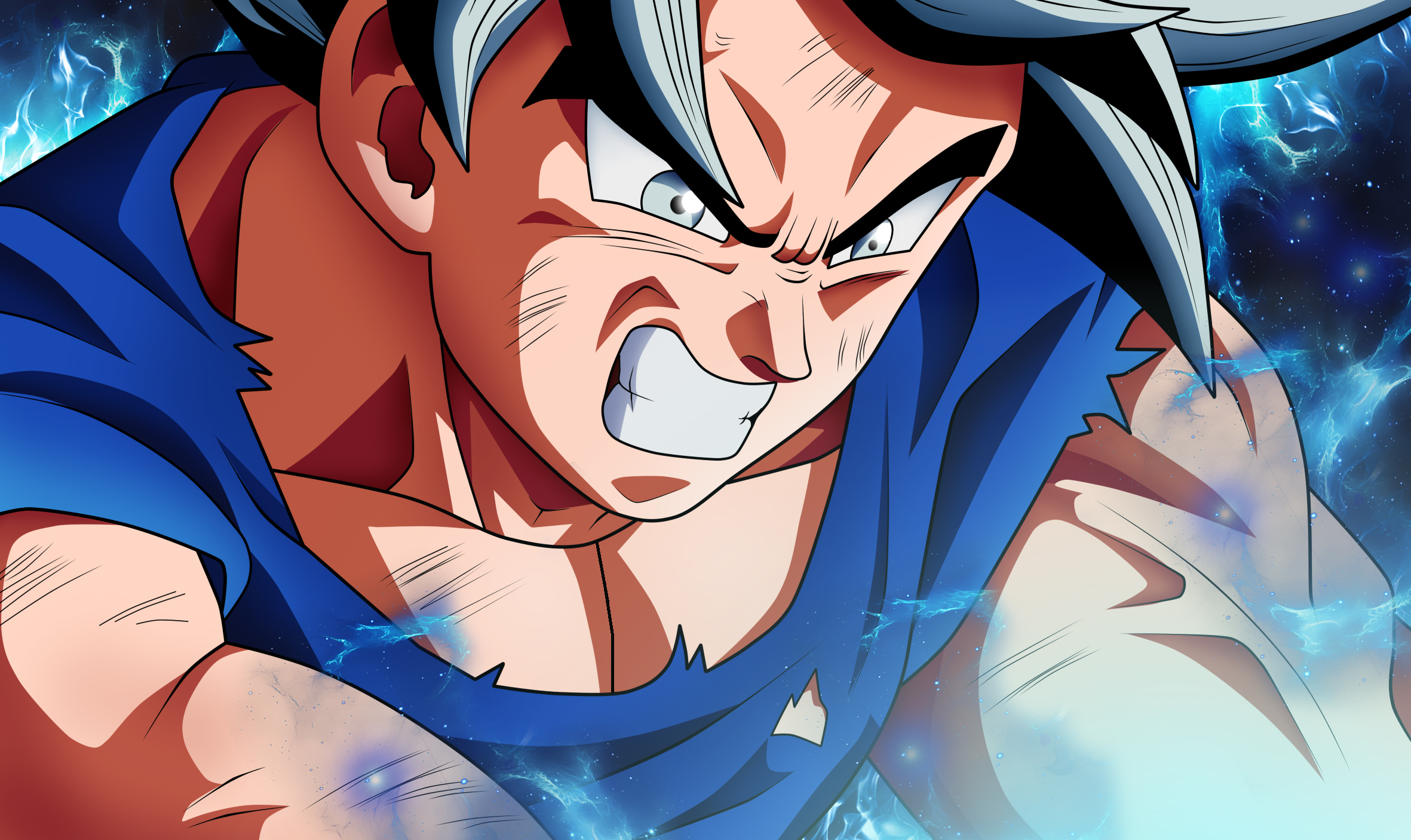 Close-up of Super Saiyan Goku with a determined expression, radiating power with a blue aura