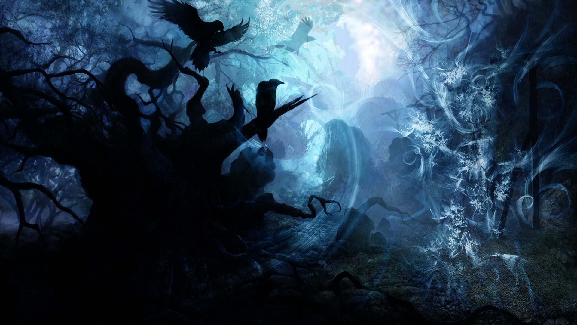Dark Forest with Crows and Ethereal Light - HD Dark Wallpaper