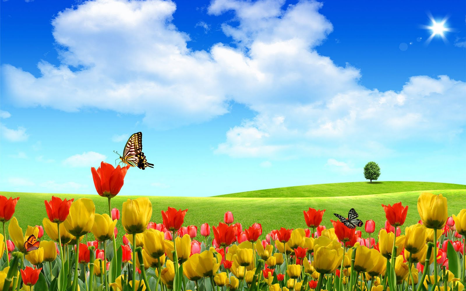 A picturesque spring landscape with a field of colorful tulips, butterflies, and a lone tree under a bright blue sky